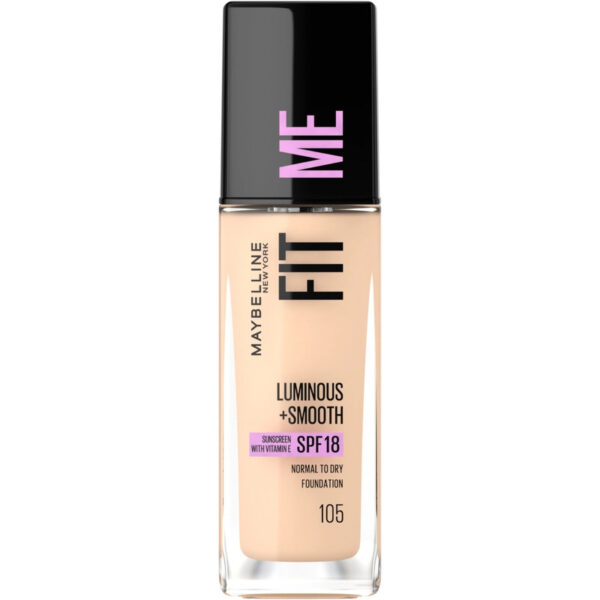 Maybelline Fit Me Luminous & Smooth Foundation i nyansen 105 Natural Ivory – återfuktande foundation för normal till torr hud, säljs hos BYARESSA